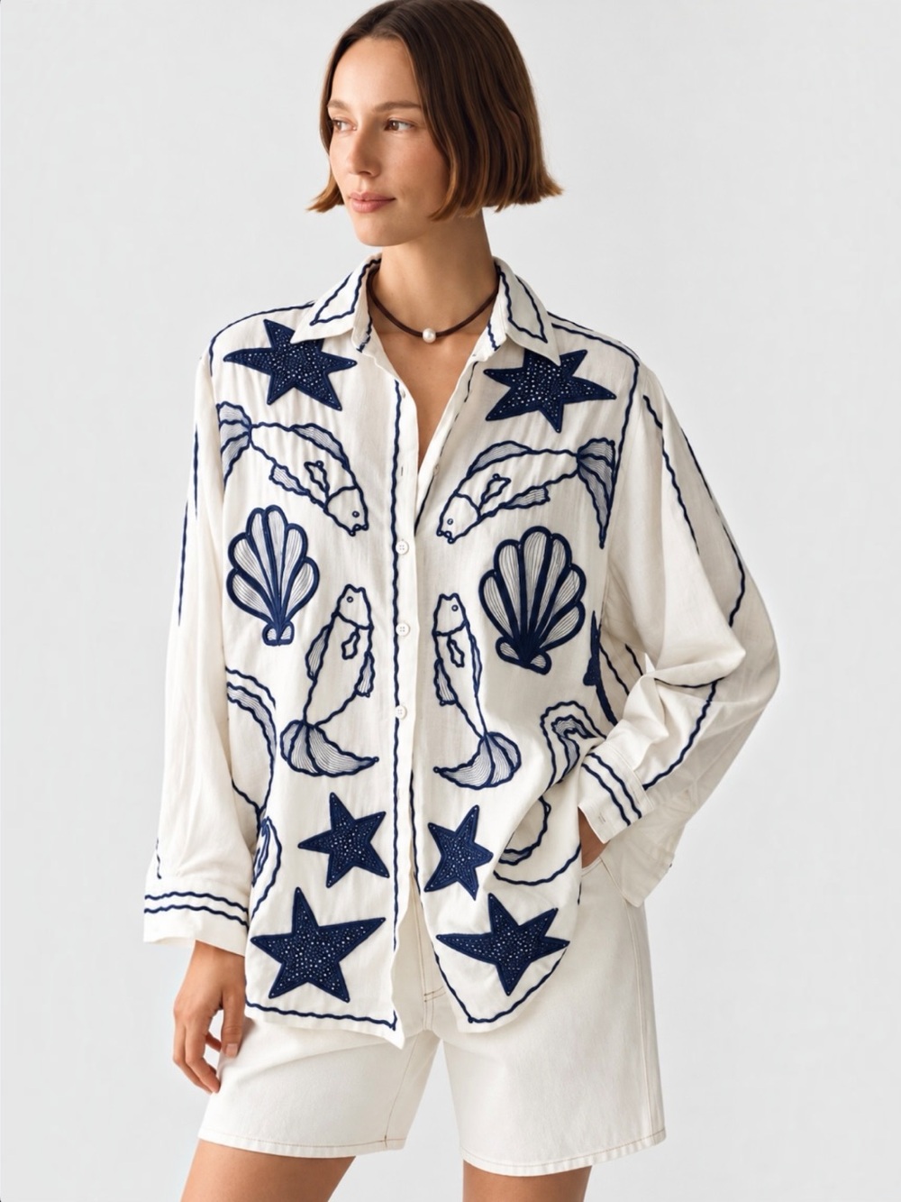 FARM Rio Fresh Fish White Linen Blend Navy Embroidered Shirt M NWT